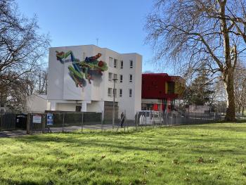 La photo montre une fresque murale représentant une grenouille prête à rejoindre les grandes pelouses de la résidence Brueur, peinte sur l'une des écoles du Réseau d'Education Prioritaire de Bayonne..