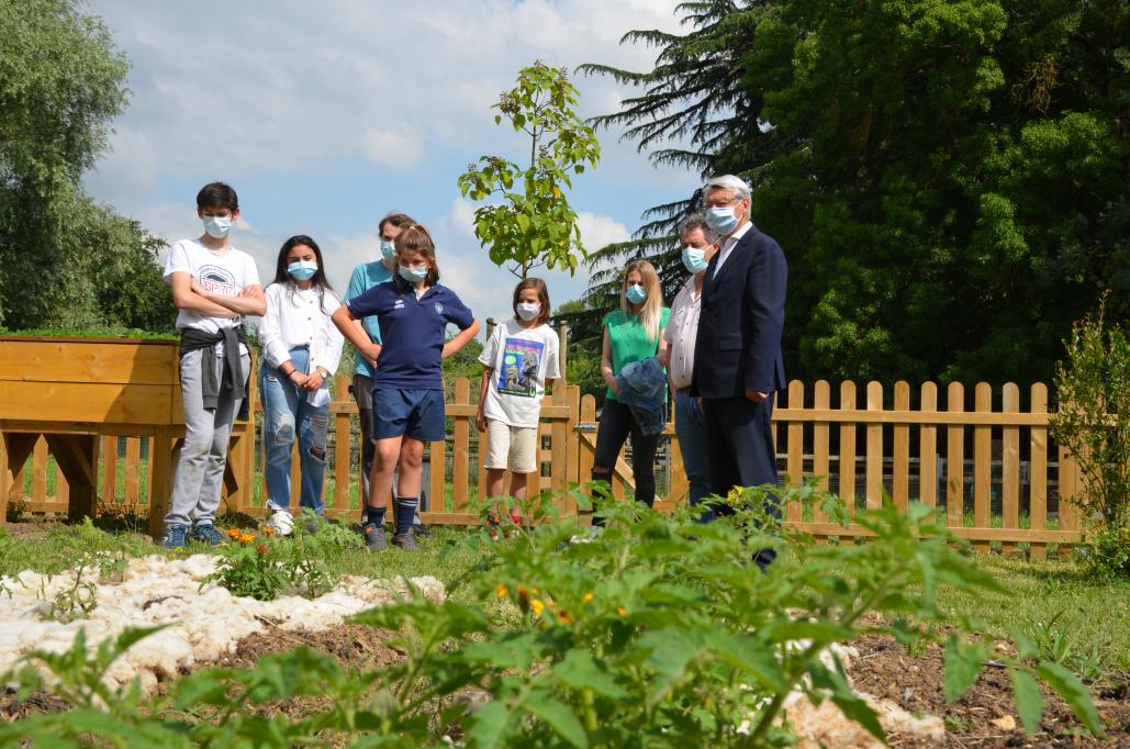 Un groupe d'enfants et d'adultes devant les plantations de tomates, dans le potager